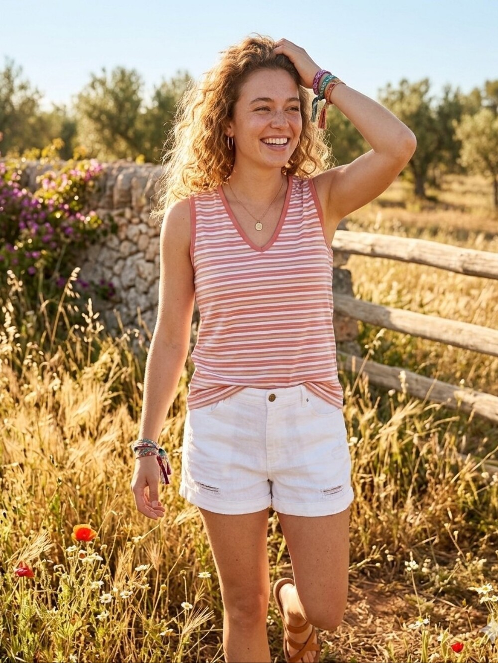 Women’s White, Coral and Tan Sleeveless  Top